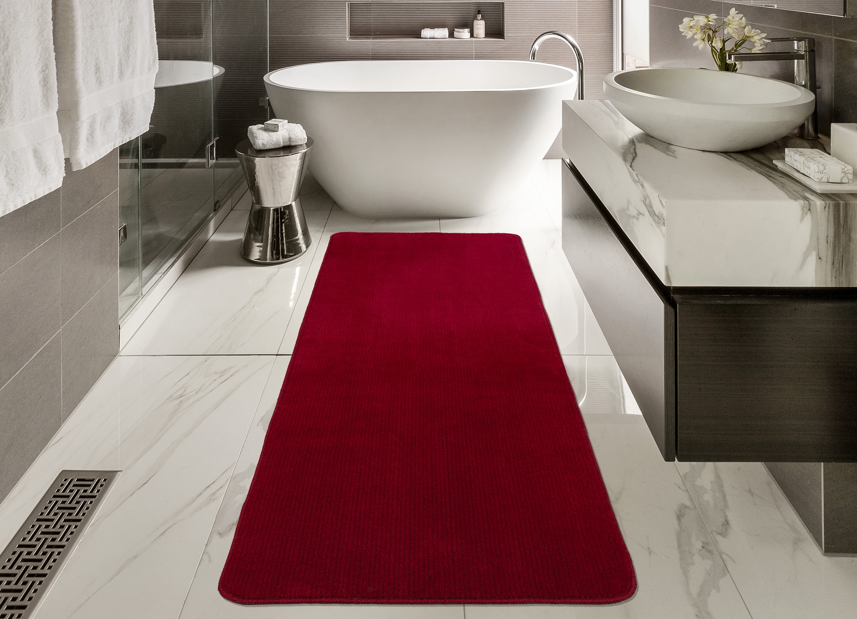 Ottomanson Softy Bath Rug Washable Non-Slip Rubberback Solid 2x5 Indoor Runner Rug, 20" x 59", Red