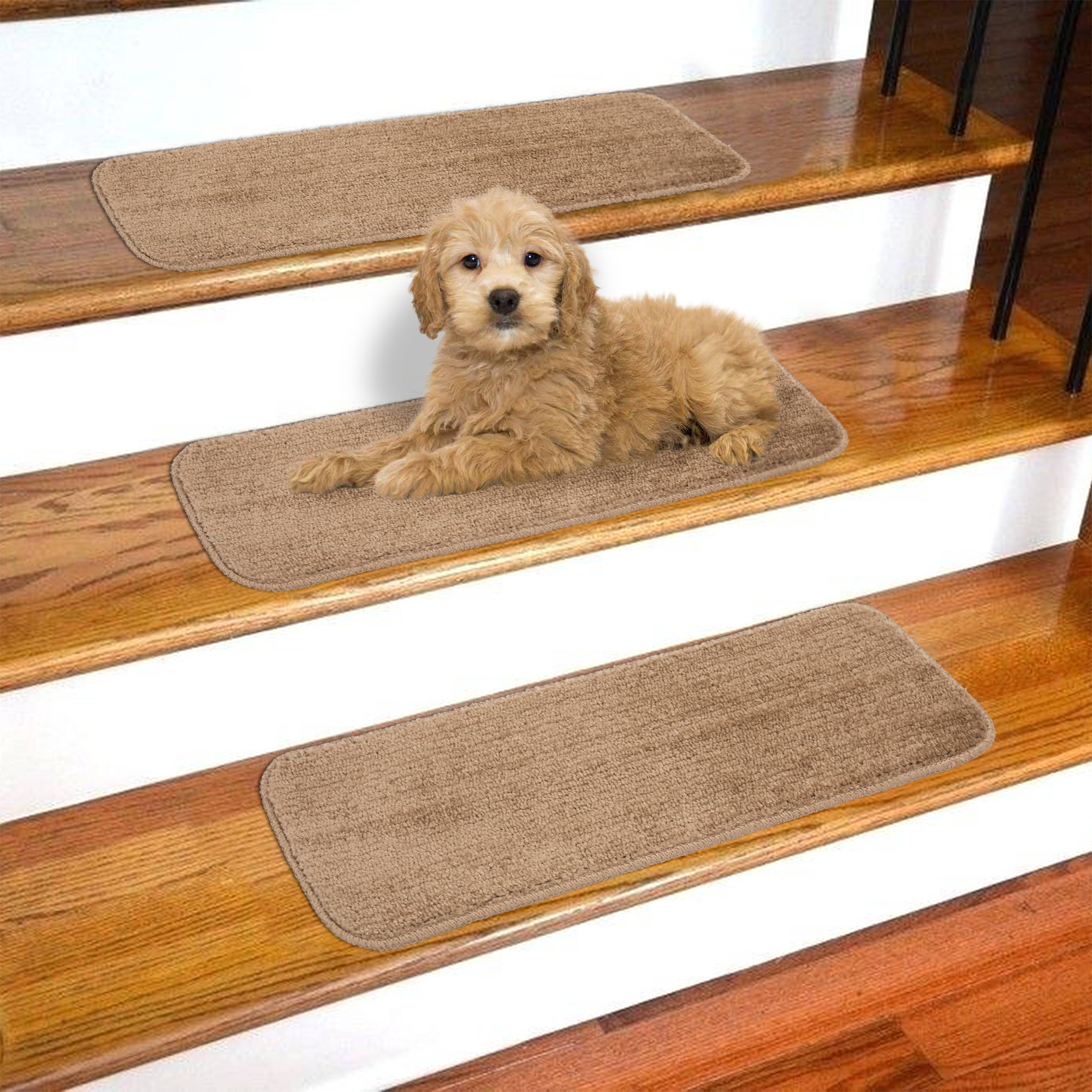 Ottomanson Softy Washable Non-Slip Rubberback Solid 9" x 26" Indoor Stair Treads, 7 Pack, Camel