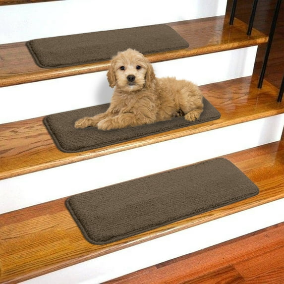 Ottomanson Softy Washable Non-Slip Rubberback Solid 9" x 31" Indoor Stair Treads, 14 Pack, Brown