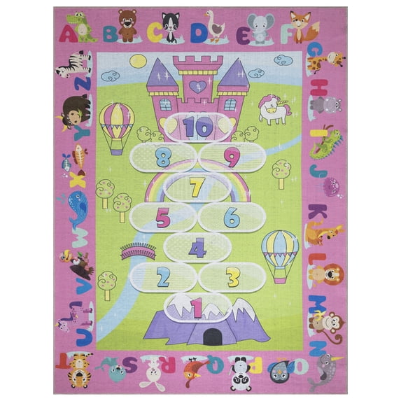 Ottomanson Washable Flatweave Kids Hopscotch Princess 5x7 Play Mat Area Rug, 5' x 7', Pink