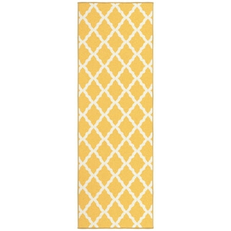 Ottomanson Trellis Bathroom Runner Rug 20" x 59" - Non Slip Low Pile Carpet, Yellow