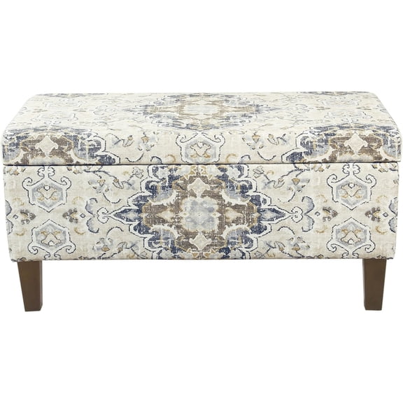 Upholstered Rectangular Storage Ottoman Bench with Hinged Lid, Antiqued Medallion Print Ebony and Cream