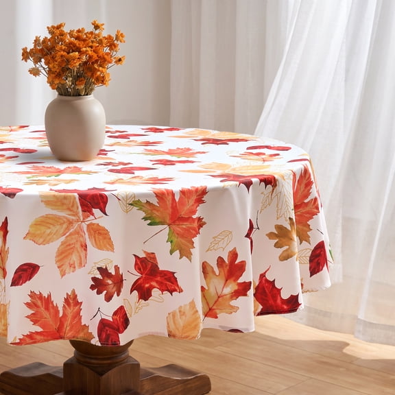 Ottowood Autumn Leaves Fall Printed Thanksgiving Tablecloth, Wrinkle Resistant Holiday Table Cover for Formal or Everyday Use, 60 Inches Round