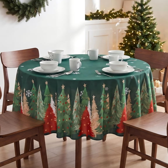 Ottowood Christmas Round Tablecloth, Xmas Trees Hunter Green Washable Table Cover for Winter Holiday Christmas New Year Dining Room Kitchen Decor, 60 Inches Round
