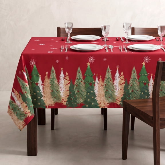 Ottowood Christmas Tablecloth Rectangular, Xmas Trees Red Washable Table Cover for Winter Holiday Christmas New Year Dining Room Kitchen Decor, 60 x 84 Inches