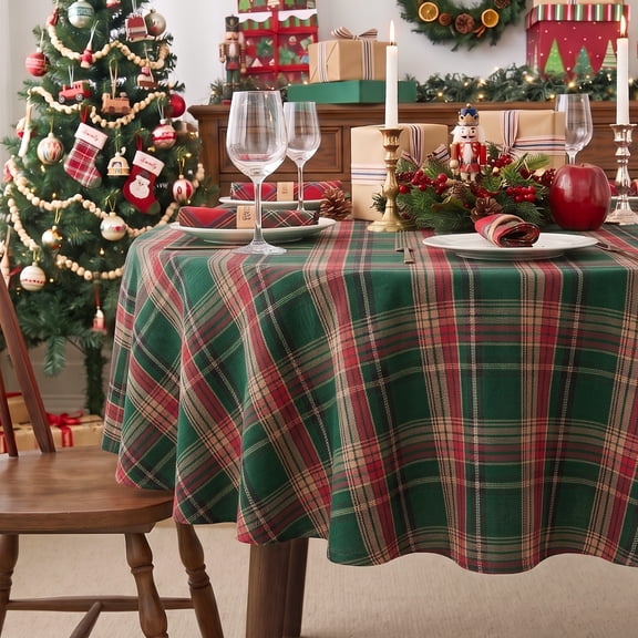 Ottowood Christmas Buffalo Plaid Tablecloth 60 Round Inch, Wrinkle Resistant Farmhouse Xmas Table Cover, Machine Washable Decorative Table Cloth for Winter Holiday New Year Dining Kitchen, Green