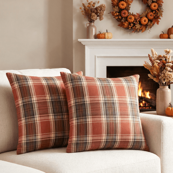 Ottowood Fall Plaid Decorative Throw Pillow Covers Scottish Tartan Cushion Case for Farmhouse Home Holiday Decor Rust and Orange, 18 x 18 Inches, Set of 2