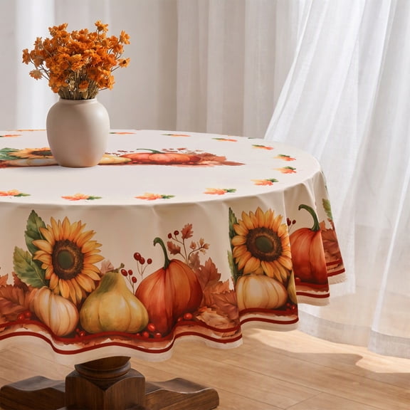 Ottowood Fall Round Tablecloth 60 Inches Round, 1 Pack, Thanksgiving Autumn Harvest Pumpkin Sunflowers Table Cover for Party Picnic Dinner Decor