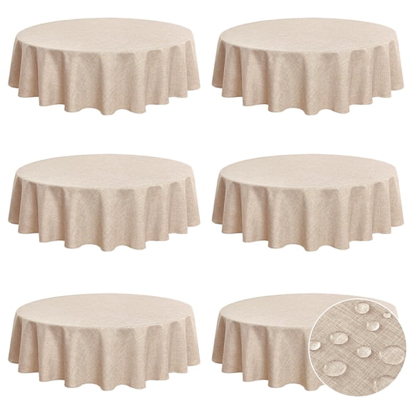 Ottowood Faux Linen Tablecloth 60 Inch Round, Beige - 6 Pack Neutral Wrinkle-Proof Table Cover for Dining, Farmhouse, Outdoor Picnic, Camping