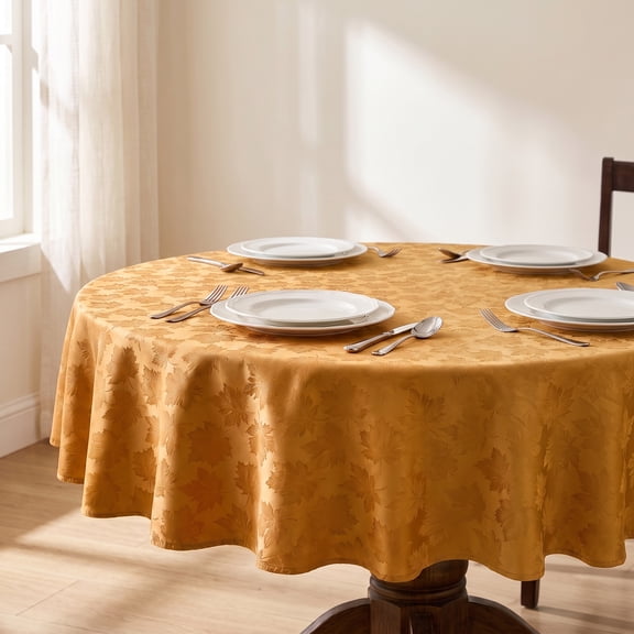 Ottowood Fall Harvest and Thanksgiving Tablecloth, Maple Leaf Damask Fabric Table Cloth for Holiday Party Kitchen Dining, Bronze, 60 Inches Round