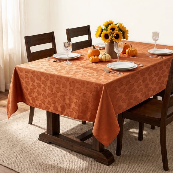 Ottowood Fall Harvest and Thanksgiving Tablecloth, Maple Leaf Damask Fabric Table Cloth for Holiday Party Kitchen Dining, Rust, 60 x 84 Inch Rectangular
