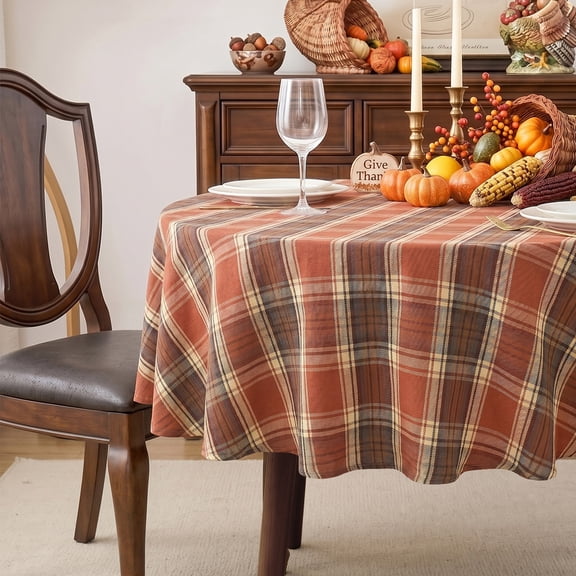 Ottowood Plaid Fall Tablecloth Thanksgiving 60 Inches Round, Rust Orange Table Cloths, Polyester Fabric Table Cover for Autumn Harvest Party Dining Farmhouse Kitchen Decor