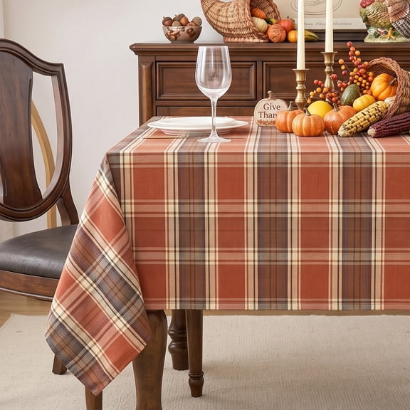 Ottowood Plaid Fall Tablecloth Thanksgiving Rectangle 60 x 84 Inch, Rust Orange Table Cloths, Polyester Fabric Table Cover for Autumn Harvest Party Dining Farmhouse Kitchen Decor