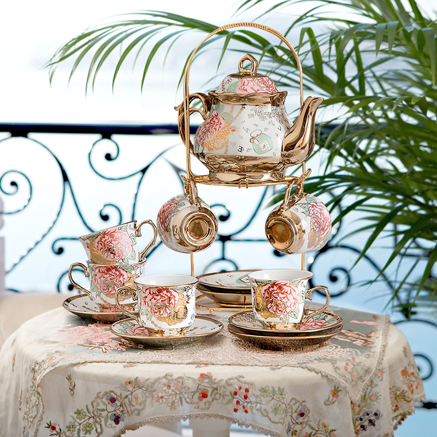 20 Pcs Cup Set,Ceramics Vintage Tea Cup Set Coffee Set with Metal