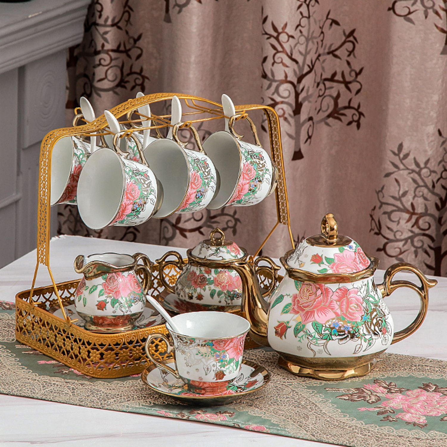 Otufan 21Pcs Coffee Cup Set Ceramic Cup & Saucer Set Vintage Floral