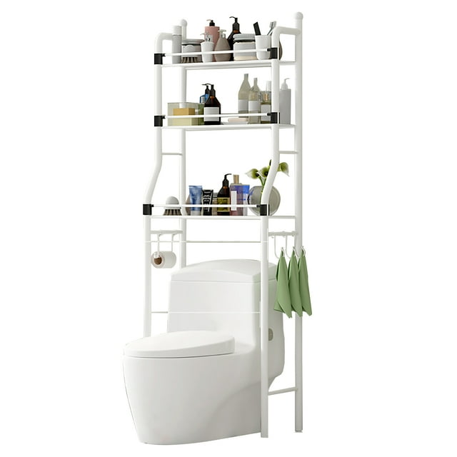 Otufan Over the Toilet Rack with Guardrail 3Tier Bathroom Rack with Hooks and Open Shelves