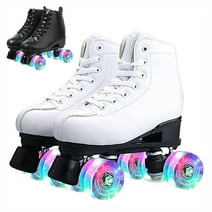 Otufan Women's Roller Skate Classic Double Row Skates with 4 Flash Wheels White Quade Skates for Indoor Outdoor Beginer,7