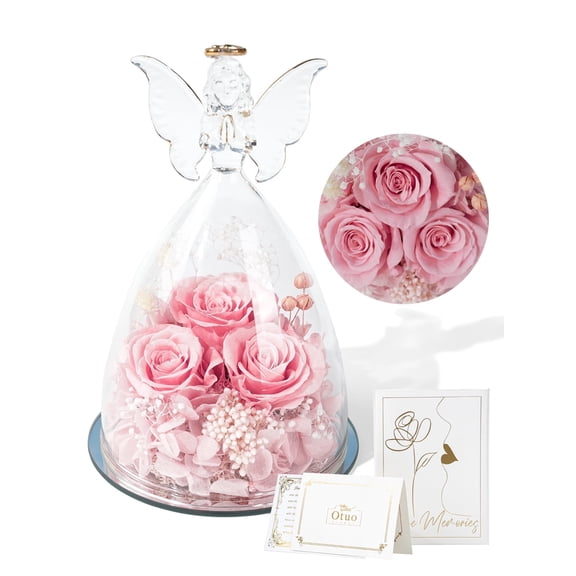 Otuo Preserved Flower Rose Gift in Glass of Angle, 【Large Size】 Eternal Flower Rose Present for Mothers Day, Angel Rose Gifts for Her, Grandma, Wife, Girlfriend (Pink)