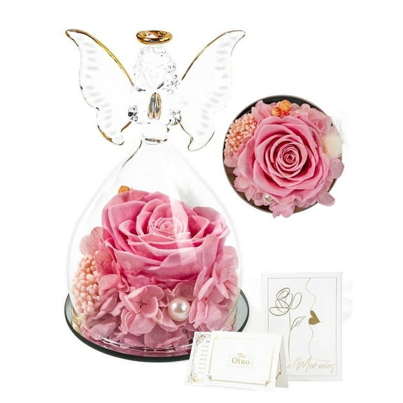 Otuo Preserved Flower Rose Gift in Glass of Angle, 【Medium Size】 Eternal Flower Rose Present for Mothers Day, Angel Rose Gifts for Her, Grandma, Wife, Girlfriend (Pink)