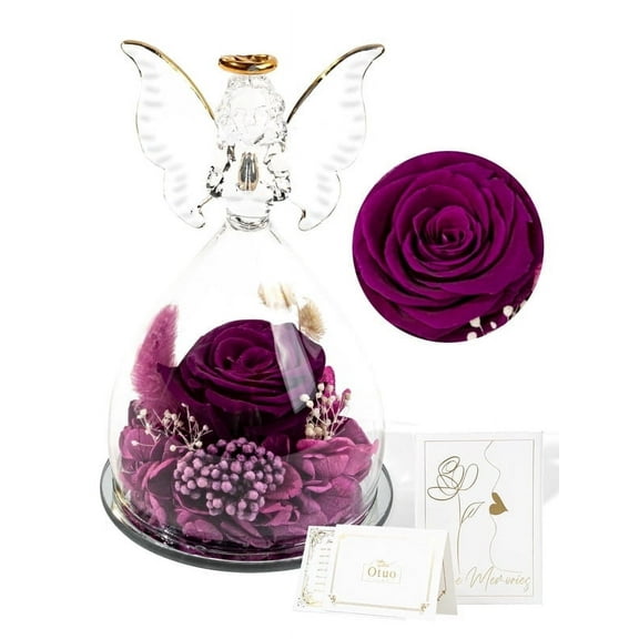 Otuo Preserved Flower Rose Gift in Glass of Angle, 【Medium Size】 Eternal Flower Rose Present for Mothers Day, Angel Rose Gifts for Her, Grandma, Wife, Girlfriend (Purple)