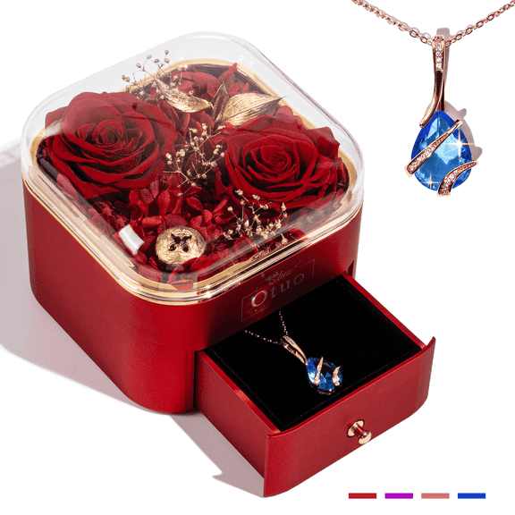 Otuo Preserved Real Rose Box with Necklace, Eternal Flowers Gifts for Girlfriend, Women, Mom, Wife, Gifts Idea on Christmas, Valentine's Day, Mother's Day, Birthday, Anniversary, Thanksgiving(Red)