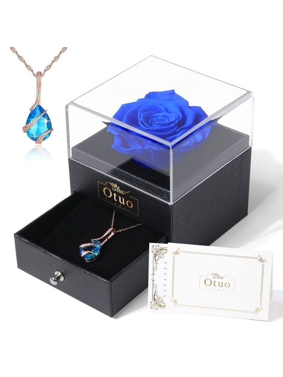 Preserved Roses Gift Jewerlry Box, Real Eternal Rose Flower with Necklace, Gifts for Girlfriend, Mom, Women, Wife, Birthday and Mothers Day (Blue)