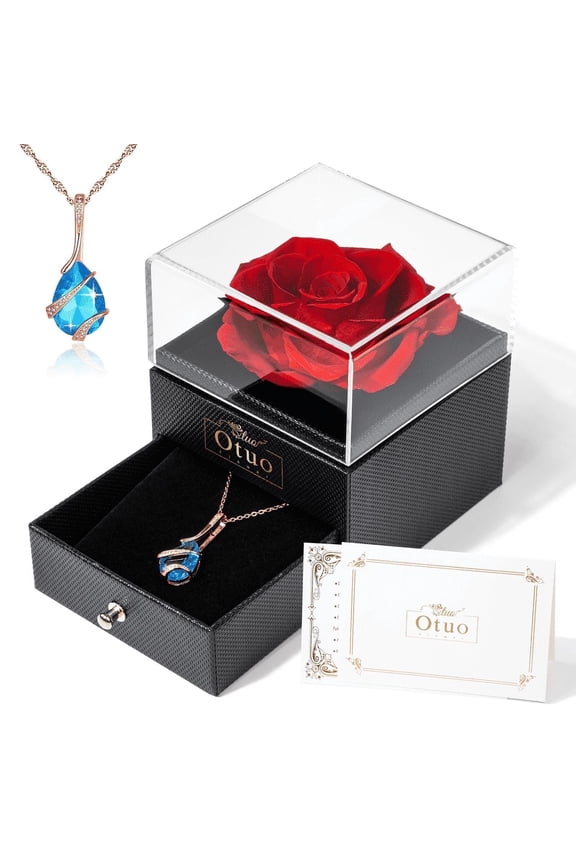 Preserved Roses Gift Jewerlry Box, Real Eternal Rose Flower with Necklace, Gifts for Girlfriend, Mom, Women, Wife, Birthday and Mothers Day (Red)