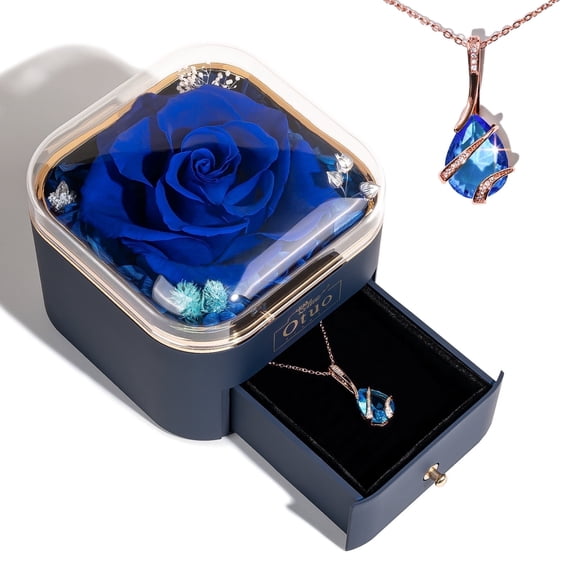 Otuo Preserved Roses Gift Jewerlry Box, Real Eternal Rose Flower with Necklace, Gifts for Girlfriend, Mom, Women, Wife, Birthday and Valentine's Day (Blue)