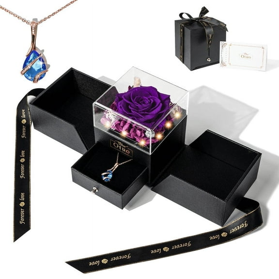 Otuo Preserved Roses Gift Jewerlry Box, Real Eternal Rose Flower with Necklace and Led Mood Light, Gifts for Girlfriend, Mom, Women, Wife, Mother's Day, Birthday, Valentine's Day (Purple)