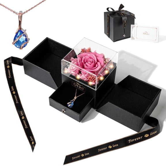 Otuo Preserved Roses Gift Jewerlry Box, Real Eternal Rose Flower with Necklace and Led Mood Light, Gifts for Girlfriend, Mom, Women, Wife, Mother's Day, Birthday, Valentine's Day (Pink)