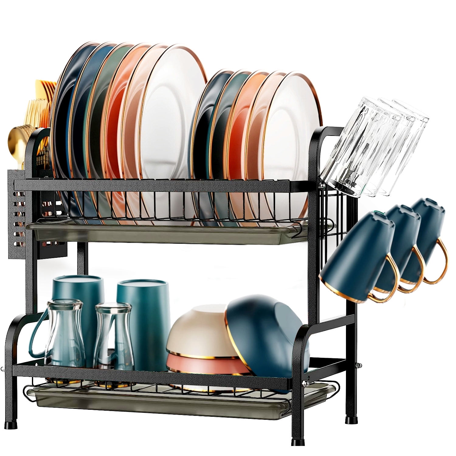 Dish Drying Rack, Romision 304 Stainless Steel 2 Tier Large Dish Rack and  Drainboard Set for Kitchen Counter with Utensil Holder, Wine Glass Holder  and Tray, Dish Drainer Storage Rack(Silver) 