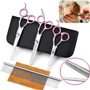 Oture 4Pcs 7" Professional Hair Cutting Scissors Pet Dog Cat Grooming Curved Thinning Shears & Straight Trimmer Shears Kit