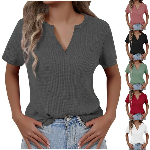 Otvok 2025 Blouses for Women New Summer Solid Color V-Neck Short Sleeved Tops