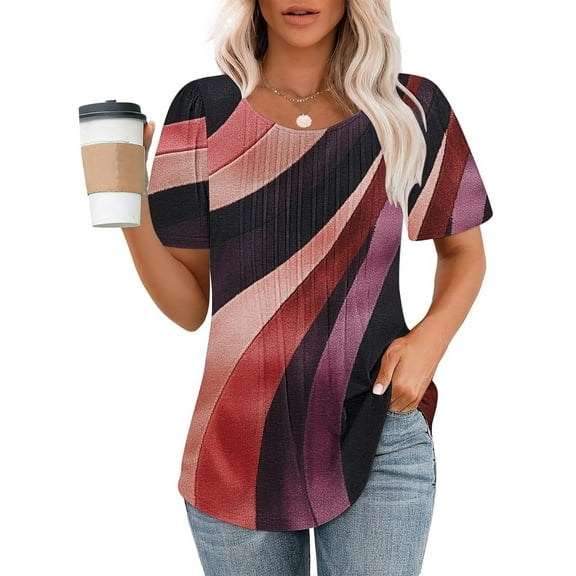 Otvok Ladies Blouses Casual Short Sleeved Loose Round Neck Printed Tops