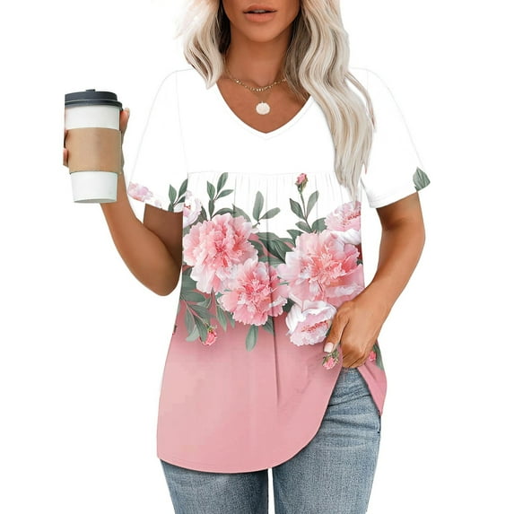Otvok 2025 Spring Summer Womens Printed V-Neck Short-Sleeved T-Shirt Loose Top
