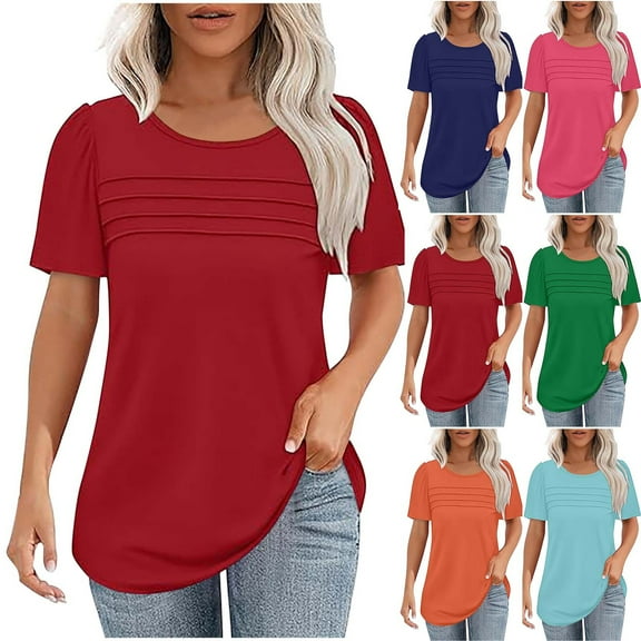 Otvok 2025 Womens Fashion Solid Round Neck Short Sleeves Casual T-Shirt Summer Top