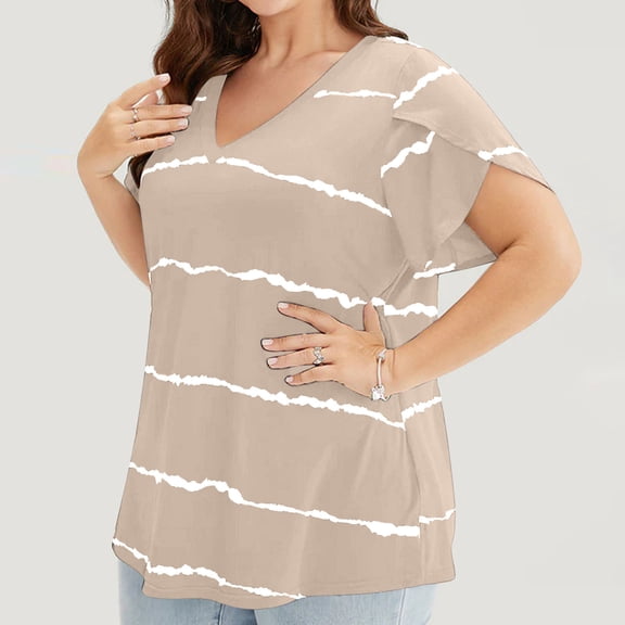 Otvok 2025 Womens Plus Size Leaf Sleeve Printed Short Sleeve V-Neck Tops