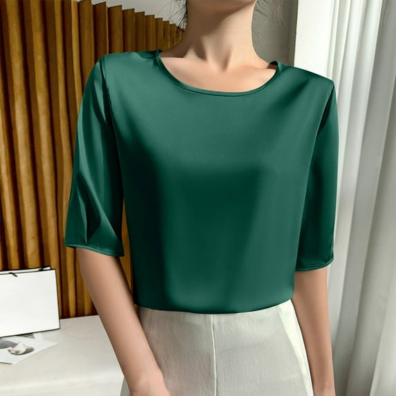 Otvok 2025 Womens Solid Color Crew Neck Five-Point Sleeve Casual Shirt Tops
