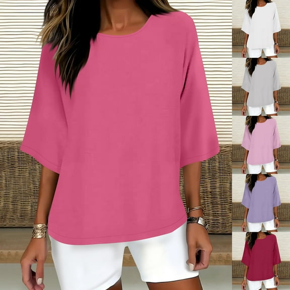 Otvok Womens Solid Color Crew Neck Shirt 3/4 Sleeve Casual Plus Size Tops