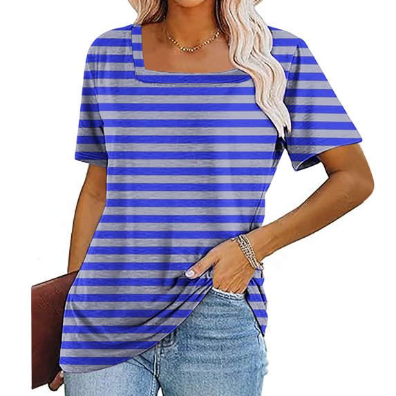 Otvok 2025 Womens Stripe Color Short Sleeve Tops Round-Neck Blouses