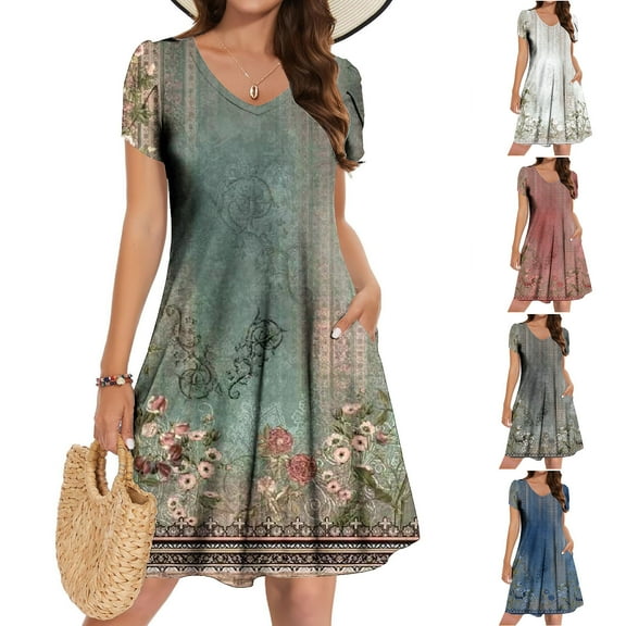 Otvok 2025 Womens Summer Floral Bud Design Pocket Casual Dresses V-Neck Beach Dress