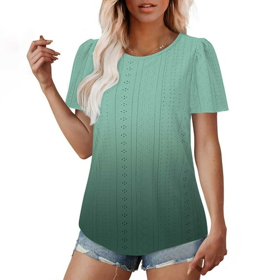 Otvok 2025 Womens Tops Spring Summer Gradient Round Neck Short Sleeve T-Shirt