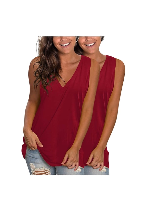 2Pcs Womens Summer Tank Tops Basic Tanks V Neck Sleeveless Vests Loose Fit Tunic Blouses