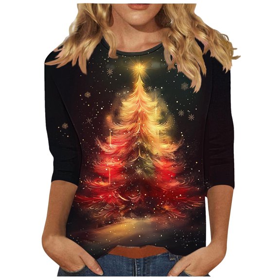 Otvok 3/4 Length Sleeve Womens Christmas Tops Crewneck Funny Cute Xmas Graphic Blouses Family Vacation Tunic Tops