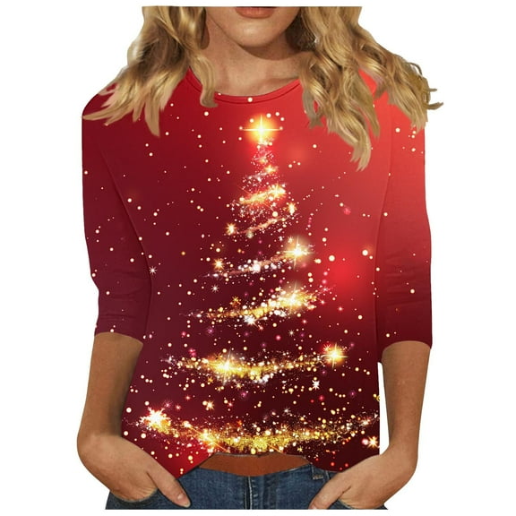 Otvok 3/4 Length Sleeve Womens Tops Crewneck Funny Christmas Shirts Cute Xmas Graphic Blouses Family Vacation Tunic Tops