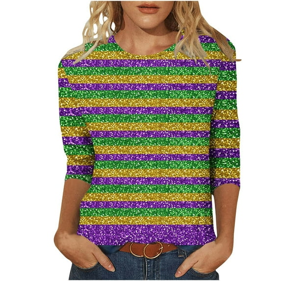 Otvok 3/4 Sleeve Shirts for Ladies Casual Crew Neck Loose Casual Blouses Carnival Print Tshirts