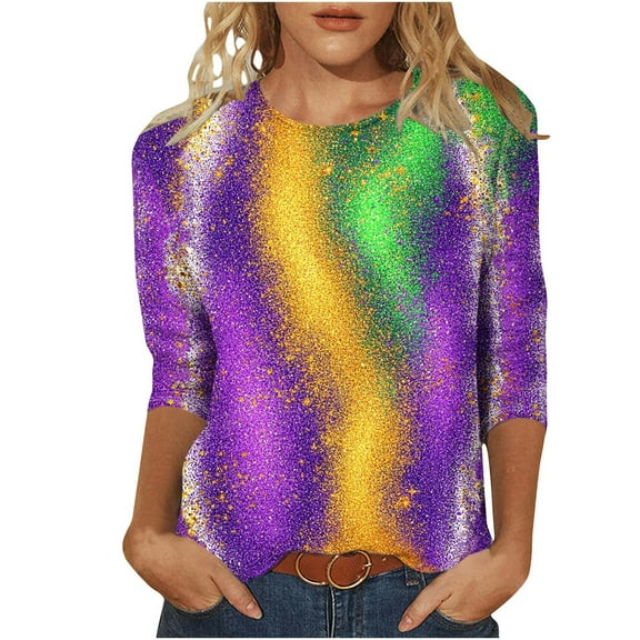 Otvok 3/4 Sleeve Shirts for Women'S Round Neck Loose Casual Blouses Carnival Printed Tshirts