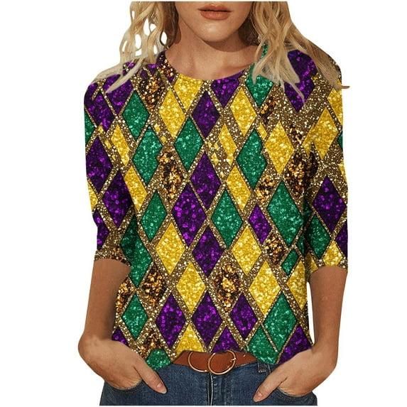 Otvok 3/4 Sleeve Shirts for Womens Casual Crew Neck Loose Casual Blouses Carnival Print Tshirts