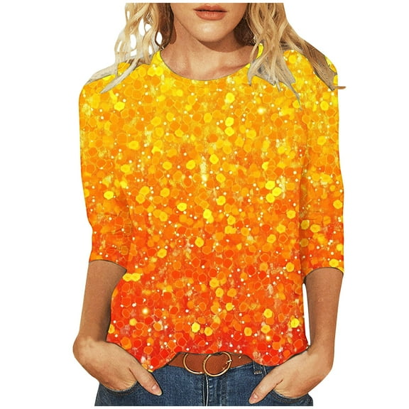 Otvok 3/4 Sleeve T-Shirt Ladies Fashion Printed Round Neck Three Quarter Sleeve Loose for Women