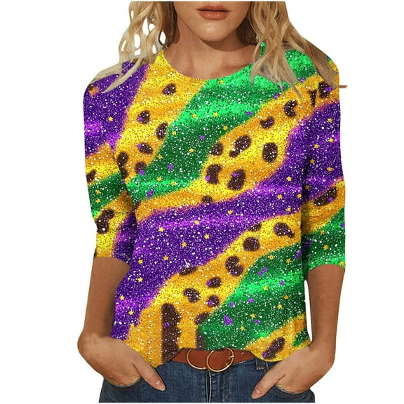 Otvok 3/4 Sleeve Tops for Ladies Casual Crew Neck Loose Casual Blouses Carnival Print Tshirts